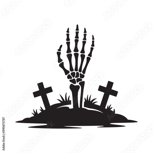 A skeletal hand emerges from graves with two crosses nearby