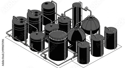 Array of industrial storage tanks and vessels grouped together.