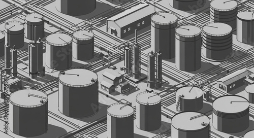 Array of industrial storage tanks and cylindrical vessels.