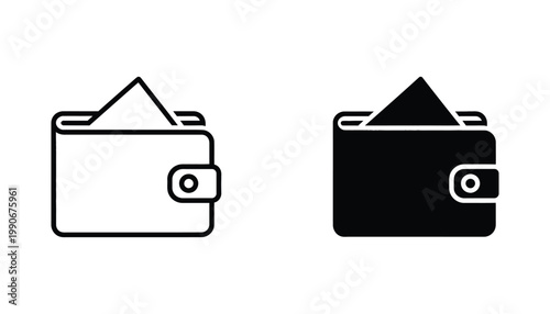 Leather wallet icon set with open flap in outline and solid black styles for personal finance and shopping concepts isolated on white background