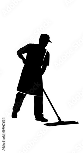 A black silhouette of a person wearing an apron and cap, diligently mopping a floor with a long-handled mop, depicted against a clean white background.