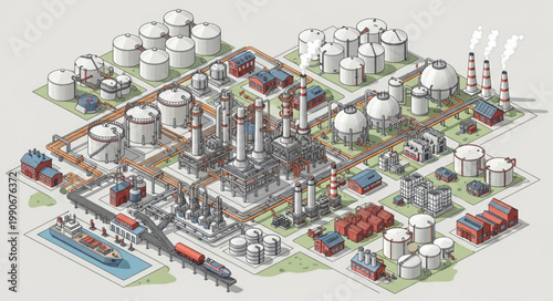 Aerial Isometric Industrial Chemical Plant Complex.