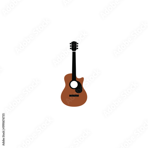A brown acoustic guitar with a black neck