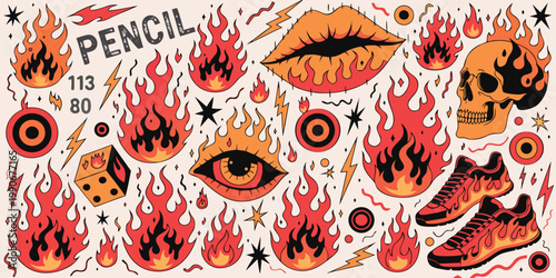 Collection of flash tattoo design elements with flames lips skull eye sneakers rock and roll sneakers illustration alternative collection background rebellion subculture streetwear