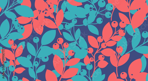 Abstract pattern of coral leaves and turquoise berries on navy blue