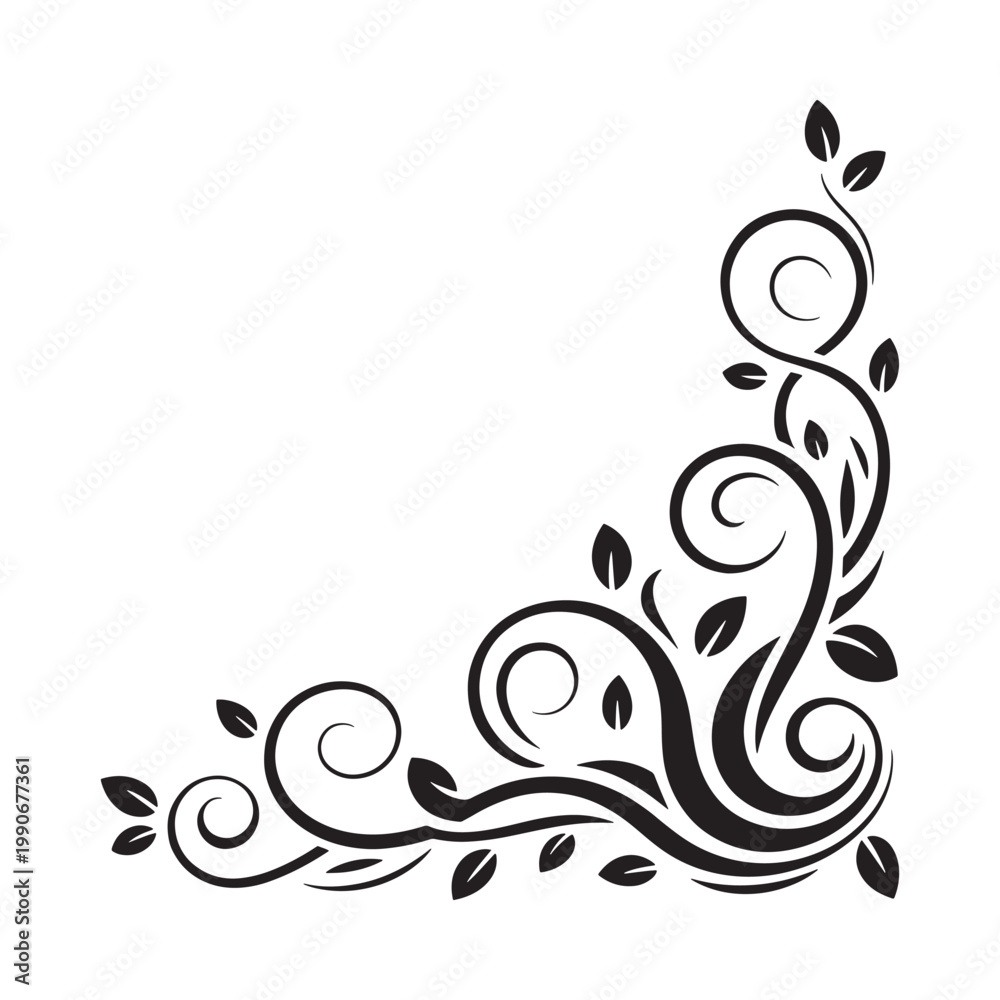 Fototapeta premium Elegant black floral corner design with swirling vines and leaf details