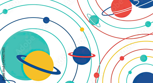 Colorful abstract planets and orbits on a white background