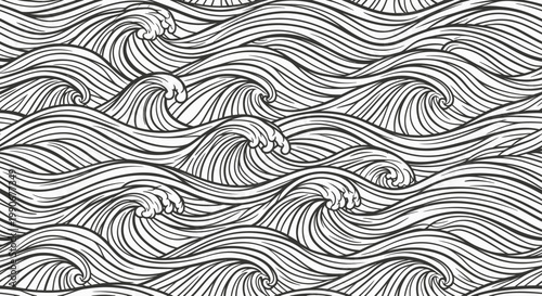 Stylized black and white illustration of rolling ocean waves forming a repeating pattern