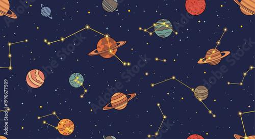 A cosmic backdrop of stylized planets, constellations, and a starry, deep blue expanse