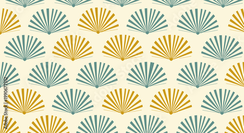 Stylized fan patterns in mustard yellow and teal on cream background