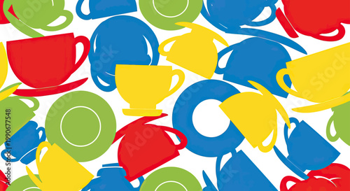 A vibrant, stylized pattern of colorful teacups and saucers in red, blue, yellow, and green