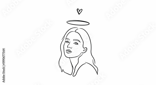 Minimalist line drawing of a thoughtful woman with a halo above her head and a small heart, conveying dreamy innocence