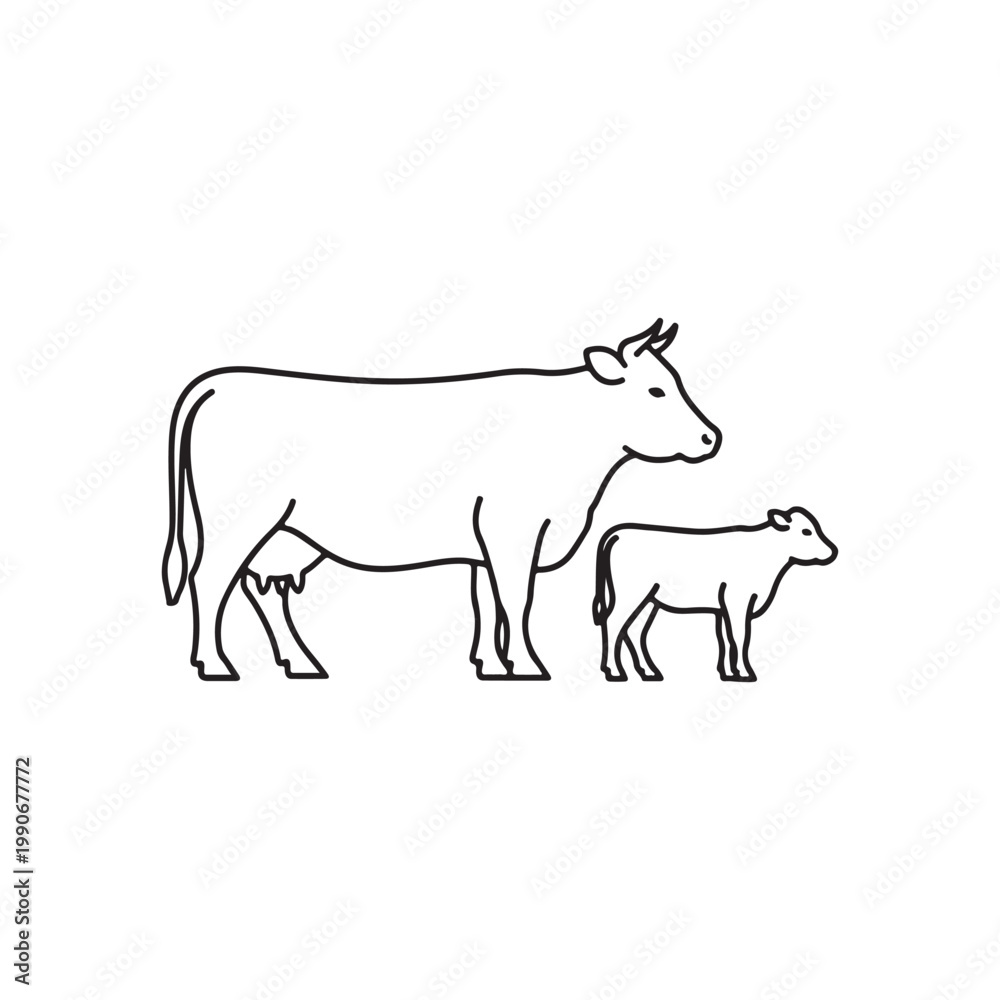 Fototapeta premium Cow and calf outline vector flat illustration design