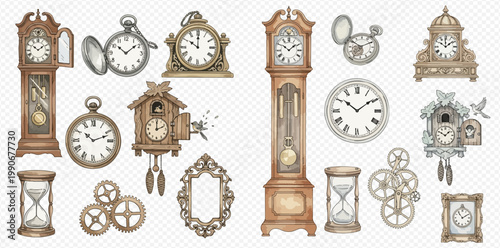 Watercolor illustration set of vintage clocks, including grandfather clocks, cuckoo clocks, pocket watches, and hourglasses, on a white background.