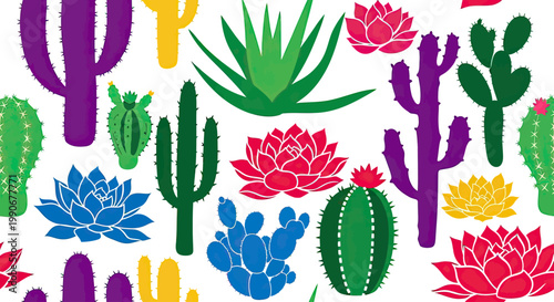Colorful desert flora pattern featuring various cactus and succulent designs