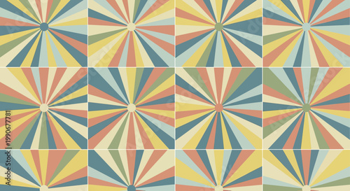 Retro sunburst patterns with muted colors form a 3x4 grid of geometric designs