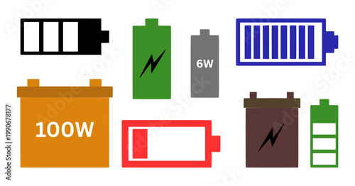 Battery icons set power levels charging indicators collection, different batteries set
