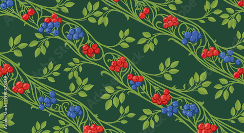 Photos Repeating pattern of green branches with red and blue berries on a dark green ba