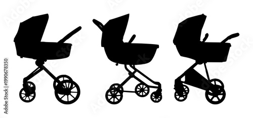 Baby stroller set with black silhouette against white background featuring infant, vehicle, transportation with dark outline and minimalist design