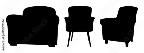 Arm chair set with black silhouette against white background featuring black furniture, living room, chair with silhouette and minimalist