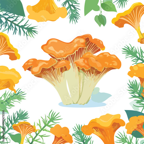 Vibrant illustration of edible mushrooms with greenery on white background