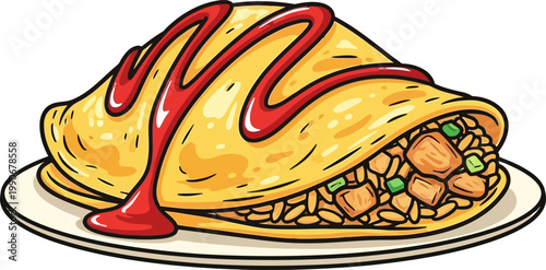 Japanese fusion dish Omurice wrapped in egg with ketchup vector illustration