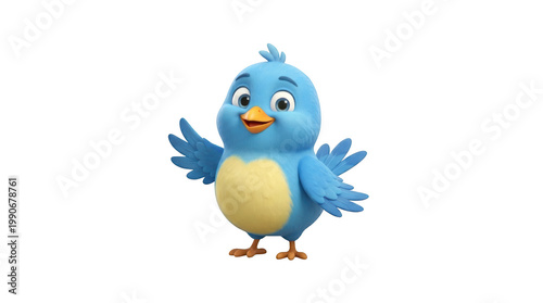 Blue cartoon bird standing with wings spread against a black background blue bird animated bird 3d bird