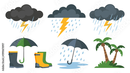 Monsoon Weather Vector Set Storm Clouds, Lightning, Umbrella and Rain Elements