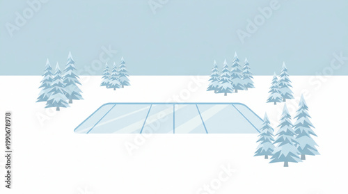 Minimalist vector illustration of an outdoor ice skating rink in a snowy forest