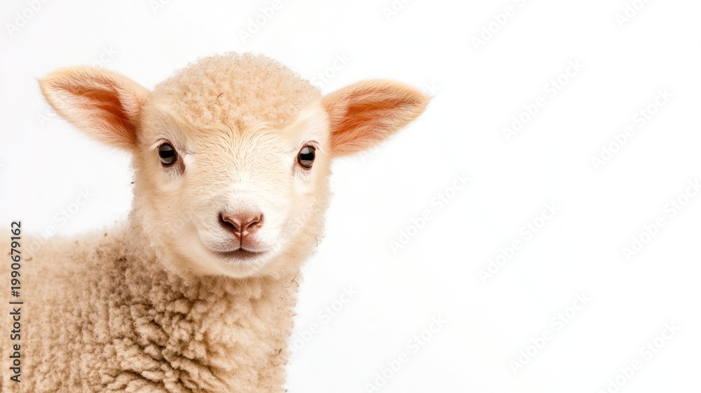 Fototapeta premium Adorable Lamb's Portrait: A close-up portrait of a fluffy, innocent lamb, capturing its gentle features and fluffy wool, evoking feelings of serenity and purity.