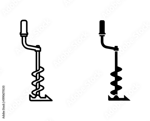 Foto Ice Auger Vector Icons, Manual Drill Tools, Winter Fishing Equipment, Black and