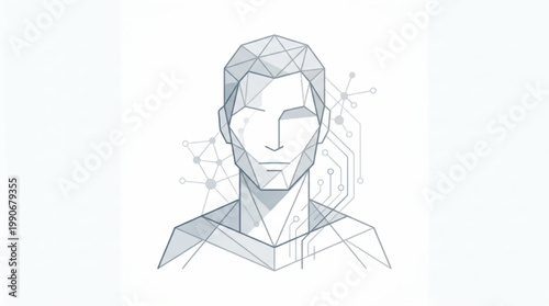 Abstract geometric digital human face profile with circuit network connection