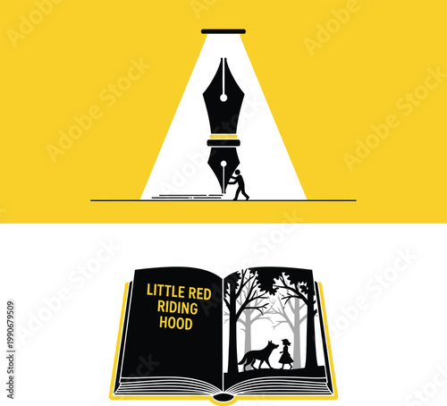A vector graphic illustration of a pen nib and an open book with a fairy tale scene
