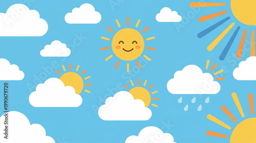 Seamless pattern with cute cartoon suns and clouds in blue sky