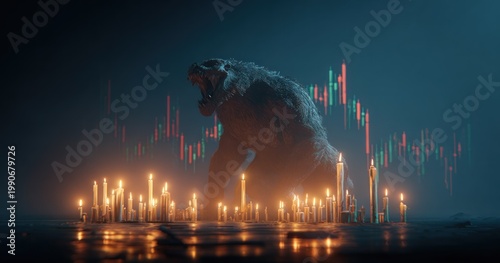Bear with stock market candles rising in a dark digital illustration