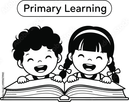 A vector graphic illustration of two happy children reading a book together in a primary learning setting