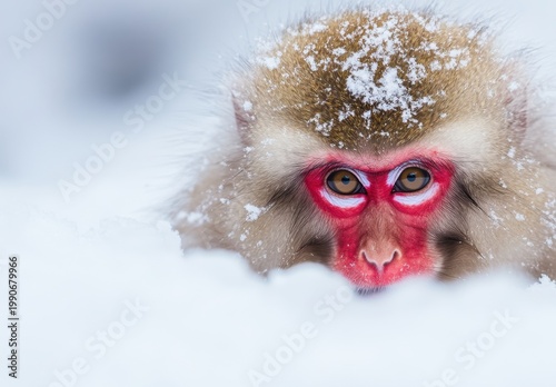 Snow Monkey with Red Face in Winter Snowfall