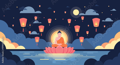 Modern flat vector of Vesak Day featuring Buddha meditation and floating lanterns under a calm night sky.