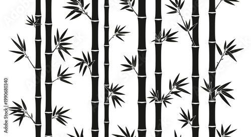 Black bamboo stalks and leaves pattern against a white background