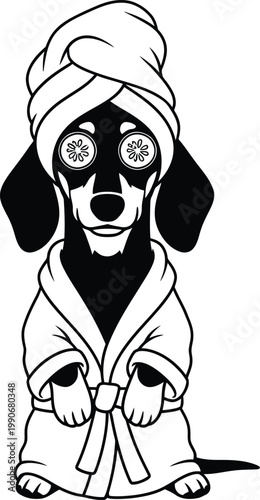 A cute dog wearing a bathrobe and towel on its head, with cucumber slices over its eyes, in a vector graphic illustration.
