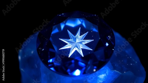 asterism. Sapphire crystal exhibiting a natural star pattern, gemstone close-up. STEM education sheets, lab safety posters, designed for biotech research communications, used by videographers.

