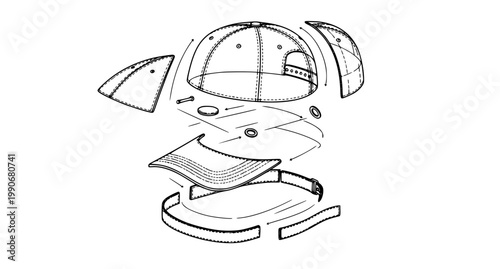 Baseball cap exploded view technical sketch showing parts and assembly structure vector illustration