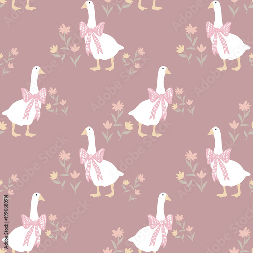 Εκτύπωση καμβά White geese with pink bows and floral pattern on mauve background seamless texti