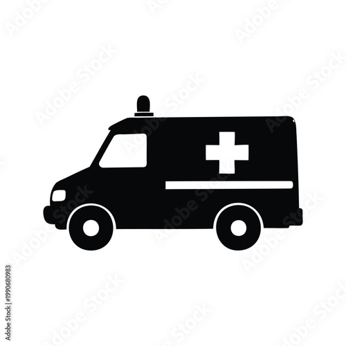 Black and white ambulance medical emergency vehicle silhouette vector illustration design, ambulance arriving at hospital silhouette vector illustration