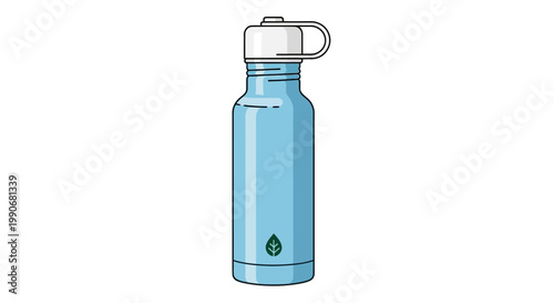 Blue reusable water bottle with eco-friendly design on white background