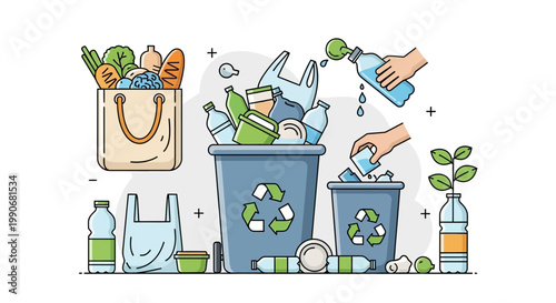 Eco-friendly recycling concept with waste sorting and reusable bags