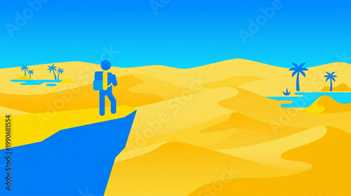 Abstract illustration of a lonely traveler looking at a desert oasis