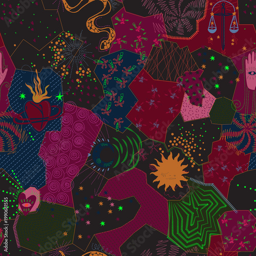 Esoteric patchwork pattern with mystical symbols and celestial motifs in deep jewel tones