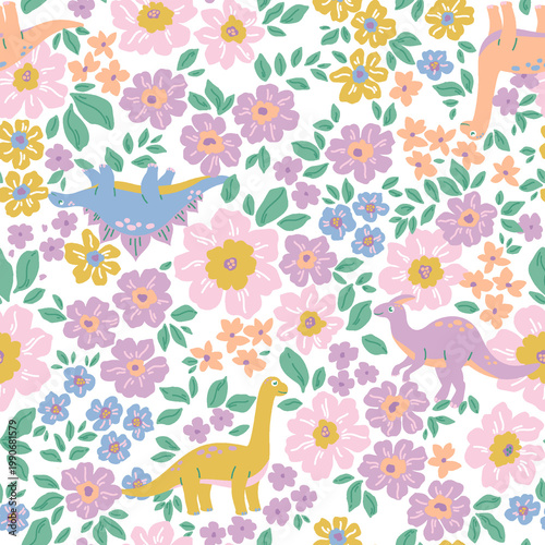 Whimsical Dinosaurs Among Pastel Floral Pattern for Children's Textiles