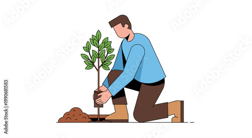 Illustration of a man planting a tree in a minimalist style